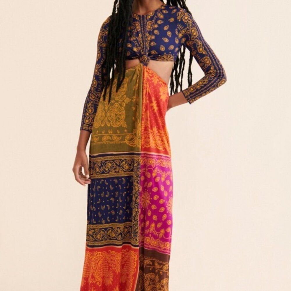 FARM Rio NEW Bandana Dream Maxi Dress Cut Outs Patchwork Gown Party Boho LG NWT - Picture 4 of 13